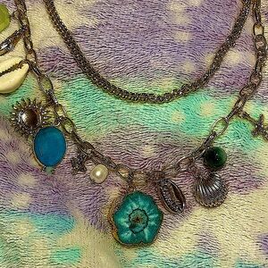 Gold and Blue Semi Precious Stone Layered Charm Necklace